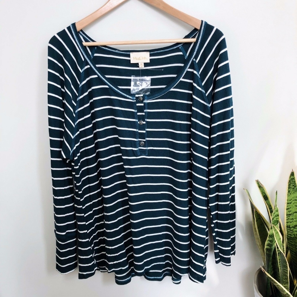 Modcloth Striped Knit Henley Top Long Sleeve Shirt Scoop Neck Plus Size 3X